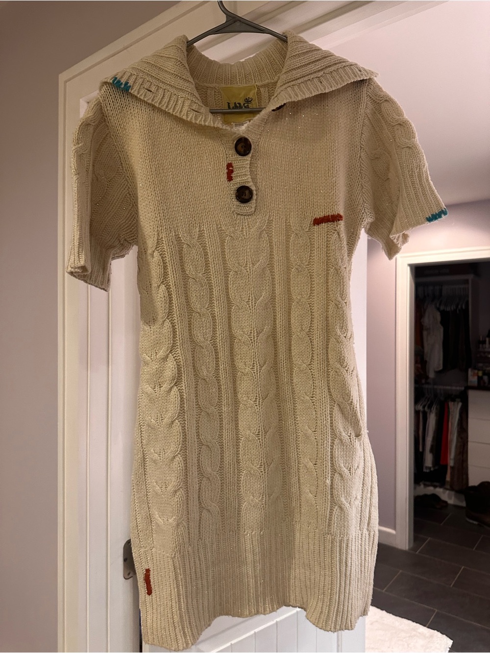Cream Cable-Knit Short-Sleeve Tunic Sweater with Collar